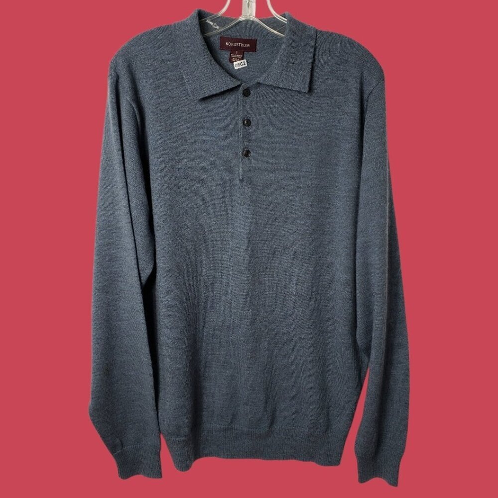 Nordstrom Mens  Long Sleeve Polo Sweater 100% Merino Wool Lightweight Soft Gra